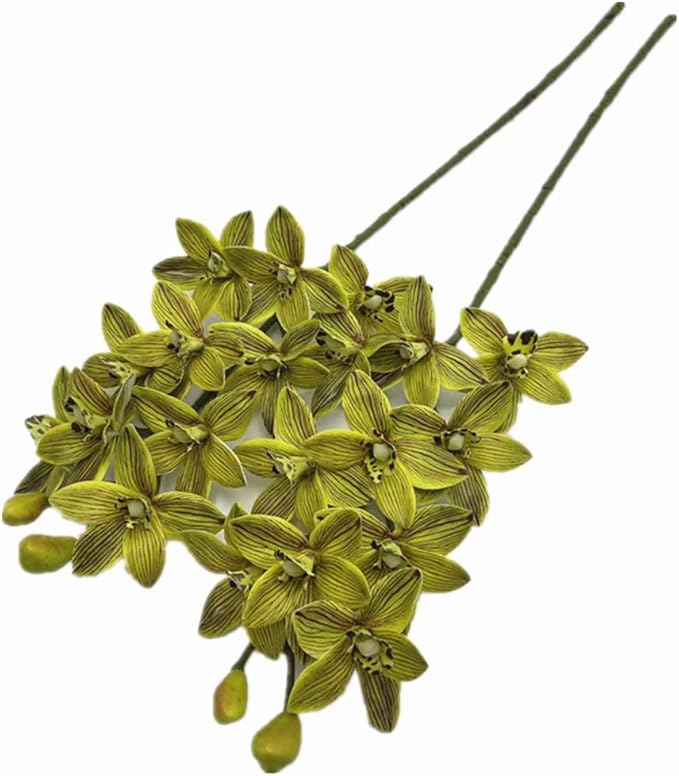 4pcs Artificial Cymbidium Orchid Flower Plant 3D Print Vanda 10 Heads Latex Phalaenopsis Flower (Light Green)