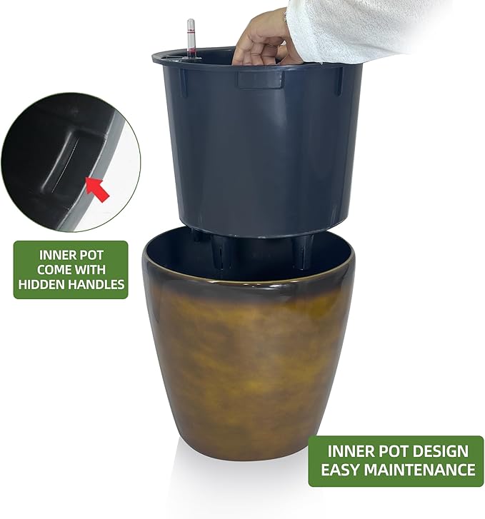 Dexceder 15x14 Self Watering Planter with Wheels (Yellow Brown Gradient) | Inner Pot Design, Thickened Large Floor Standing Flower Plant Pot with Water Level Indicator Indoor Outdoor