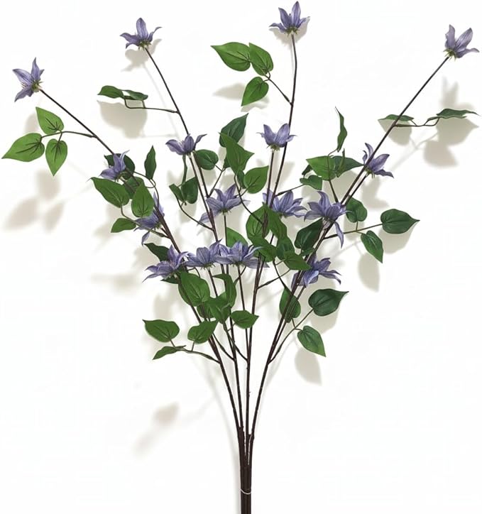 4pcs Blue Purple Artificial Clematis Flower Branches Greenery Stems, 29.5" Long Stem Realistic Silk Faux Flower Plants for Vase, Home Wedding Office Table Centerpiece Decor