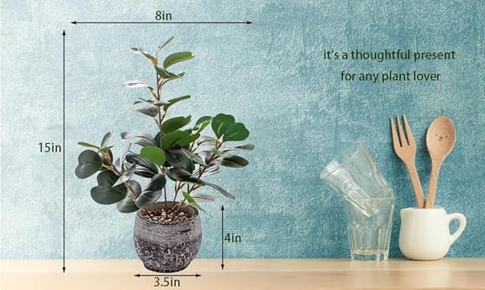 15" Fake Plants in Rustic Black Vase Real Looking and Touching Evergreen Ficus Leaf Faux Plant indoor for Book Shelf Bathroom Office Desk Kitchen Counter Bedroom Small Space Artificial Plant Decor