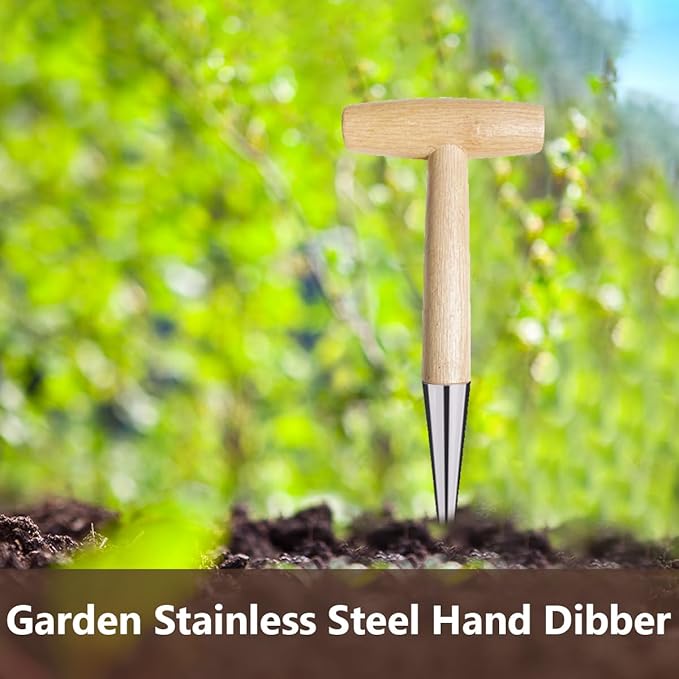 Hand Dibber, Stainless Steel Sow Dibbler with Wood Handle, Garden Hole Punch Dibbler Tool for Planting Seeds & Bulbs, Hand Held Bulb Planter for Planting Flowers Tulips, Daffodils, Dahlias