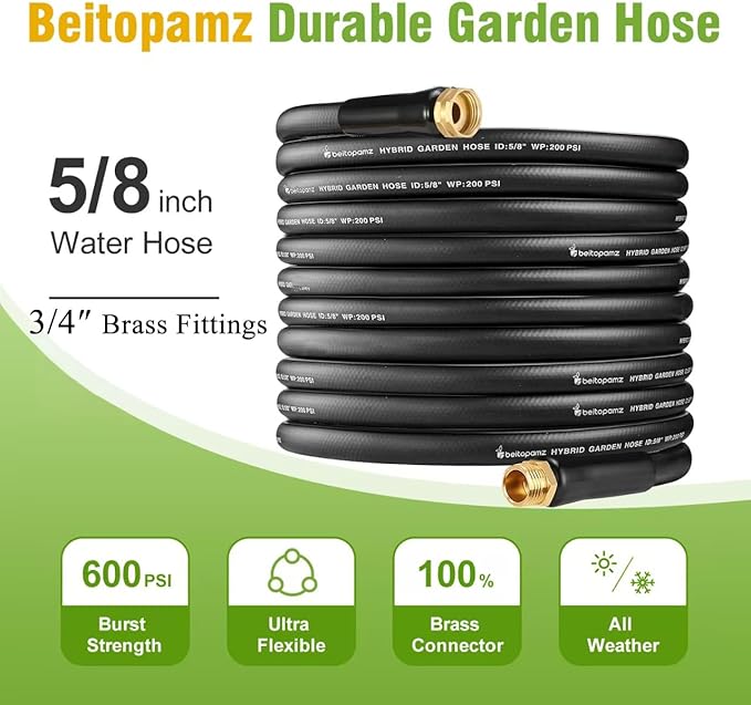 Garden Hose 75 ft x 5/8 in Heavy Duty Water Hose, Flexible and Durable, Lightweight Rubber Hybrid Hose, Leak-Free Connections, Male to Female 3/4'' Brass Fittings for Patio, Lawn, Black