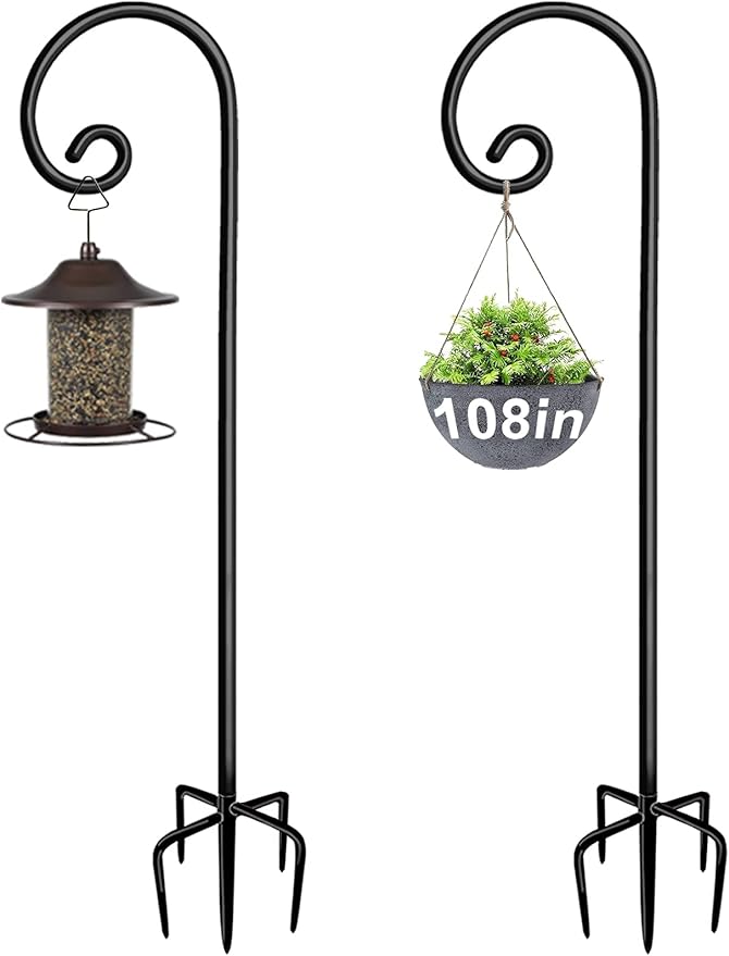 Artigarden Outdoor Shepherd Hooks 108 inch Tall for Bird Feeder (2 Packs), Adjustable Metal Garden Poles for Hanging Plants Solar Light Lantern, Bright Black