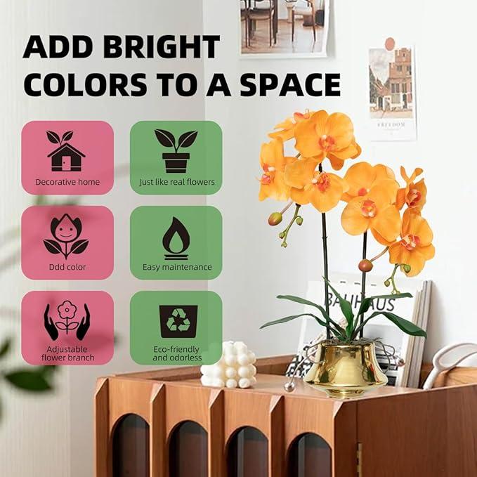 CXGS Orchids Artificial Flowers Realistic Fake Flowers in Ceramic Vase 20" Orange Faux Plants Indoor Lifelike Soft PU Phalaenopsis for Centerpiece Hotel Home Decor