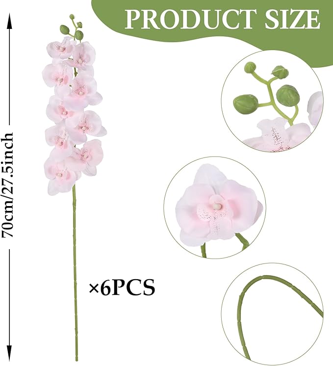 Orchids Artificial Flowers 6PCS Faux Orchid Stems Fake Phalaenopsis Orchid with Stems for Floral Arrangements Home Wedding Dining Table Party Garden Decoration(Light Pink)