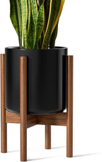 LE TAUCI 10 Inch Planter with Acacia Wood Stand, Ceramic Planter for Indoor Plants with Plant Holder, Mid-Century Modern Home Decor, Round Flower Pots with Drainage Hole, Black