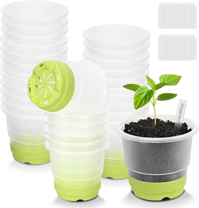 Sckee Clear Nursery Pots for Plants, 30 Packs Plastic Seed Starting Pots with Drainage Holes Plant Nursery Pots Silicone Base (Light Green, 4 inch)