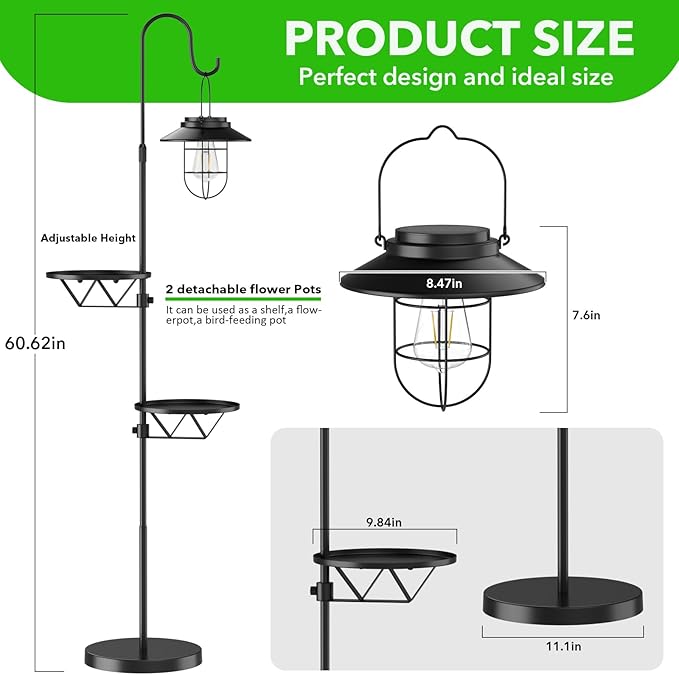 60.62'' Shepherd's Hook Stand Plant with Solar Lantern, Outdoor Floor Lamp, Wind Chime Hanger Stand, Waterproof Metal Adjustable Height Standing Pole Holder & Light for Patio Decor (2 Placement Racks)