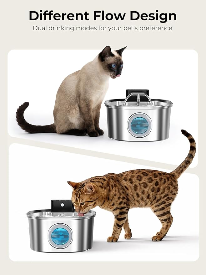 Voluas Stainless Steel Wireless Cat Water Fountain: 3.2L/108oz 3-Modes Pet Drinking Fountain Indoor Cordless Motion Sensor with Pet Water Dispenser Bowl with Water Level Window, BPA-Free, 4Filter