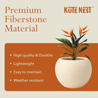 9.7" H x 12" D Premium Globo Fiberstone Round Planter with Drainage Hole, Weather Resistant for Indoor and Outdoor Use, Included 2 Extra Coco Mats (Kilim Beige, 7.8" Pot Opening)