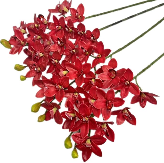 4pcs Artificial Orchid Flower Flower Vanda 10 Heads Realistic Touch, Lifelike FlowersRed Cymbidium Phalaenopsis Flower (red)