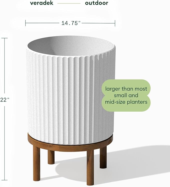 Veradek Demi Series Round Planter w/ Stand for Porch/Patio | Durable Plastic-Concrete & Wooden Stand | Modern Décor for Tall Plants, Flowers