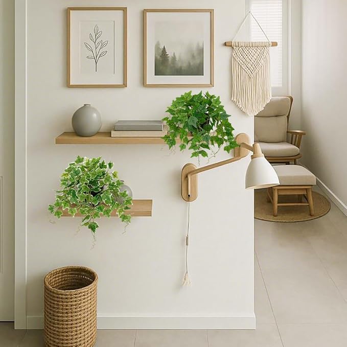 Hollyone Artificial English Ivy Hanging Plants 2pcs Faux Ivy Vines with Black Pot Small Fake Potted Greenery Plant for Indoor Home Aesthetic Living Room Bathroom Desk Shelf Office Decor