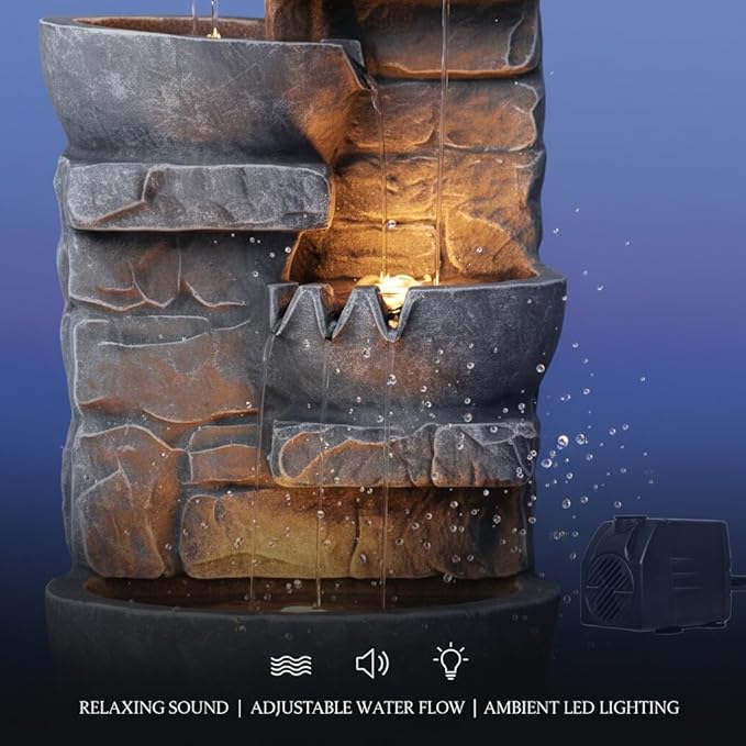 Teamson Home 33.25 in. Cascading Bowls and Stacked Stones LED Outdoor Water Fountain for Gardens, Landscaping, Patios, Balconies, and Lawns for a Calming Oasis in Outdoor Living Spaces, Stone Gray