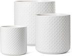 LE TAUCI Ceramic Pots for Plants, 10/8/6 Inch Indoor Planters with Draiange Hole, Silicone Plug & Mesh Pad, Modern Rasied-Dots Pots for Home Office, Set of 3, Satin, White