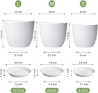 WSMKSZ 10/9/8 inch Medium Flower Pots, 3 Pack Modern Decorative Plastic Planters with Drainage Holes and Tray, Plant Pots for Indoor Outdoor Plants, White