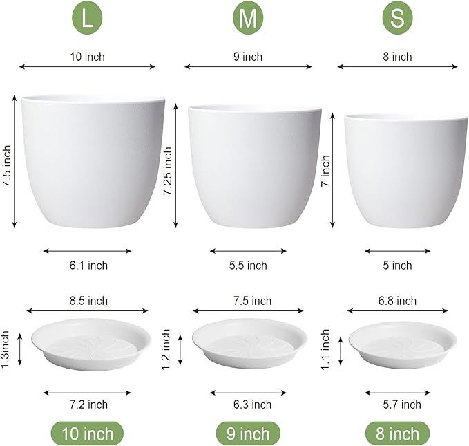 WSMKSZ 10/9/8 inch Medium Flower Pots, 3 Pack Modern Decorative Plastic Planters with Drainage Holes and Tray, Plant Pots for Indoor Outdoor Plants, White
