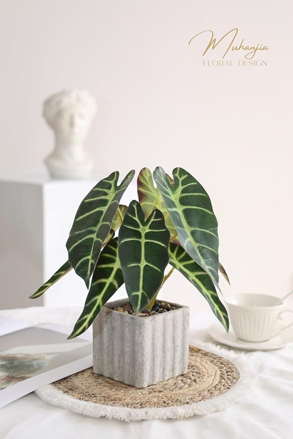 Muhanjia Artificial Potted Plant, Lifelike Faux Greenery in Decorative Cement-Look Square Pot for Indoor Home Decor Centerpieces (Alocasia)