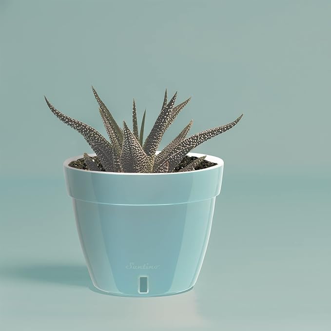 DECOPOTS - Self Watering Planter - Modern Flower Pot with Water Level Indicator for All House Plants, Flowers, Herbs (Diameter 7.9", Menthol/White)