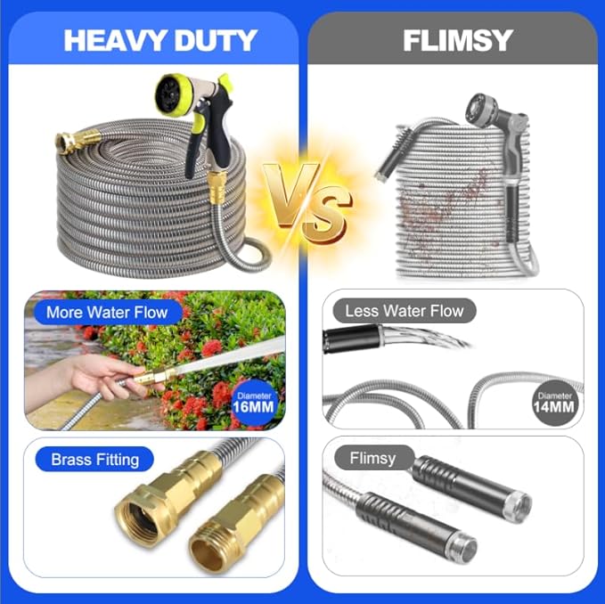 Metal Garden Hose 100 ft – 304 Stainless Steel Water Hose with Nozzle Sprayer, Garden Hoses Flexible, Lightweight, No Kink, Heavy Duty for Outdoor (100 ft)