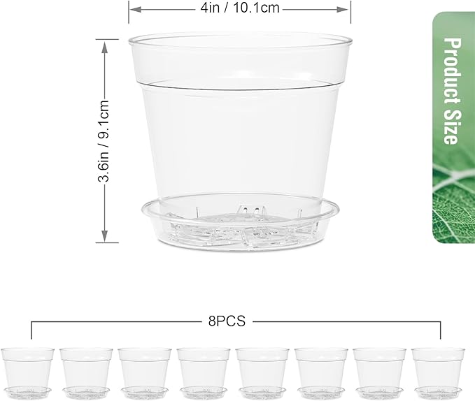 WSMKSZ 4 Inch Clear Nursery Pots, 8 Pack Highly Transparent Plant Pots for Small Indoor Plants with Drainage Holes and Trays, Plastic Seedling Starter Planters for Flowers