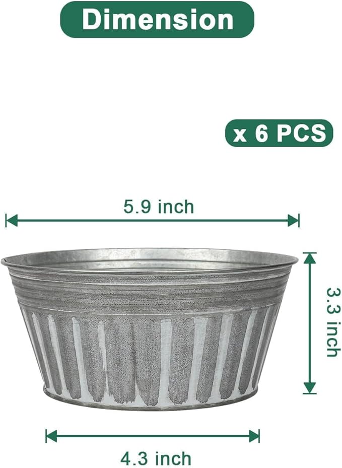 vensovo 6 Inches Silver Metal Rustic Plant Pots - 6Pcs Shallow Galvanized Planters with Drain Hole and Rubber Plug, Rustproof Tin Bucket Succulent Pot Indoor Farmhouse Vintage Style for Decor