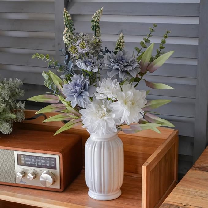 LUEUR Fake Flowers with Vase, Silk Roses Artificial Flowers in Vase Faux Flowers Arrangement Suitable for Home Kitchen Living Room, Fall Spring Decor for Office, Centerpiece Table Decorations
