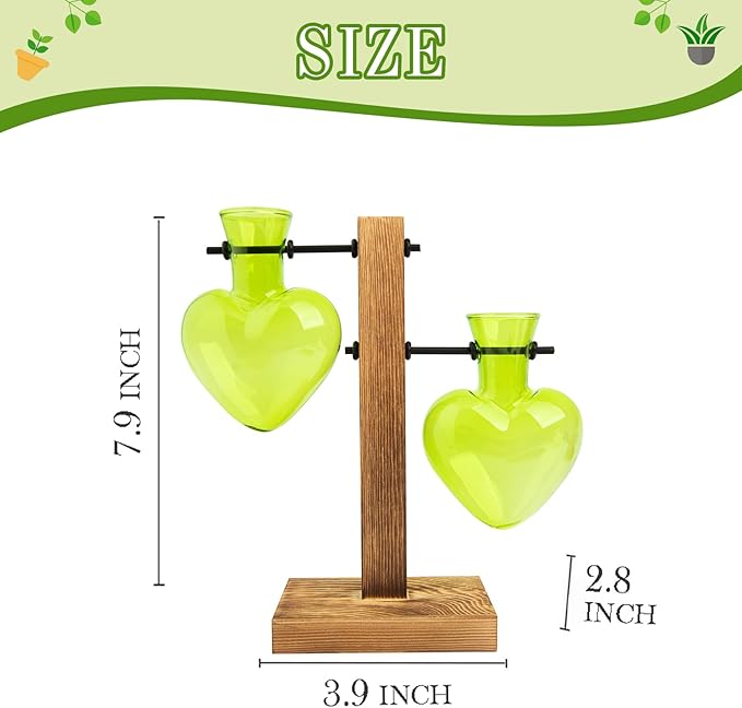 XXXFLOWER Plant Terrarium Propagation Station, Gifts for Mom Daughter Wife Plant Lover, Hydroponic Planter Bulb for Home Office Garden Decoration - 2 Green Love Bulb Vase with Wooden Stand