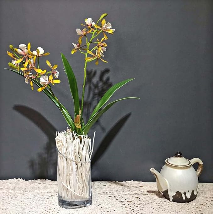 3pcs Artificial Cymbidium Orchid Flowers That Look Real, Faux White-Yellow Orchid Stems for Vases, Silk Flowers for Farmhouse Home Office Indoor Tables Centerpieces Decoration (Yellow)