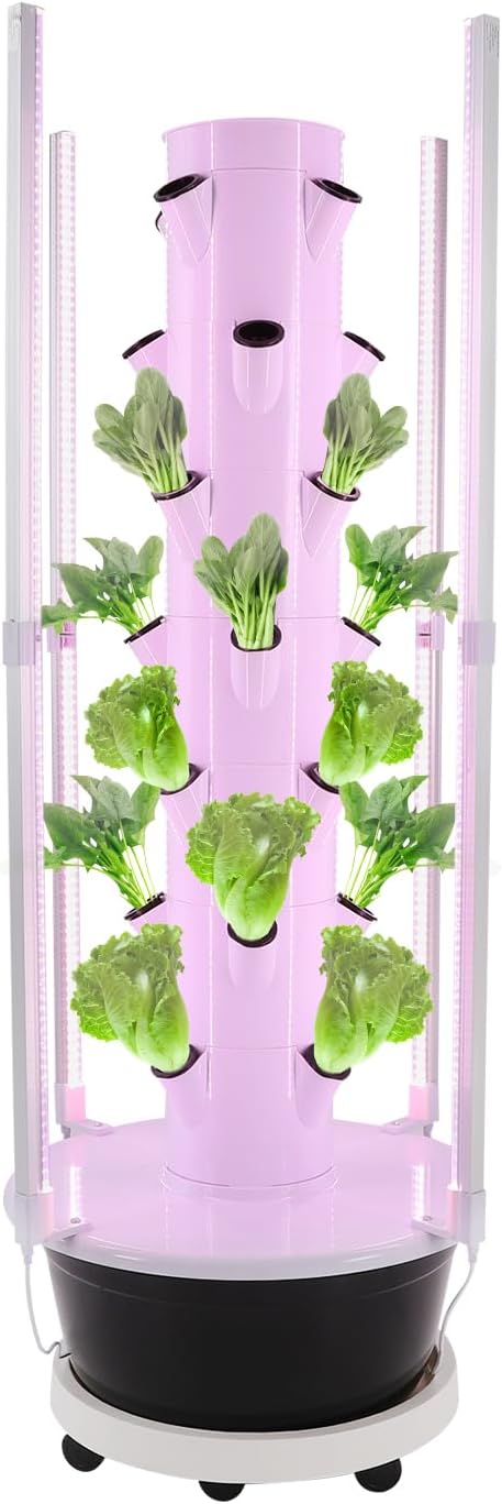 Growing Tower, 28-Plant Hydroponic Indoor Vertical Garden Kit with LED Lighting and 24-Hour Cycle Timer, Hydroponics Growing Tower for Gardens, Farms, School Research Rooms (White and Black)