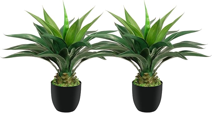 Artificial Agave Plant 2ft - 24" Large Fake Aloe Vera Plants Indoor with Fake Grass - Fake Floor Plant for Front Porch Patio Home Office Door Step Hotel Desert Style Decor 2PCS