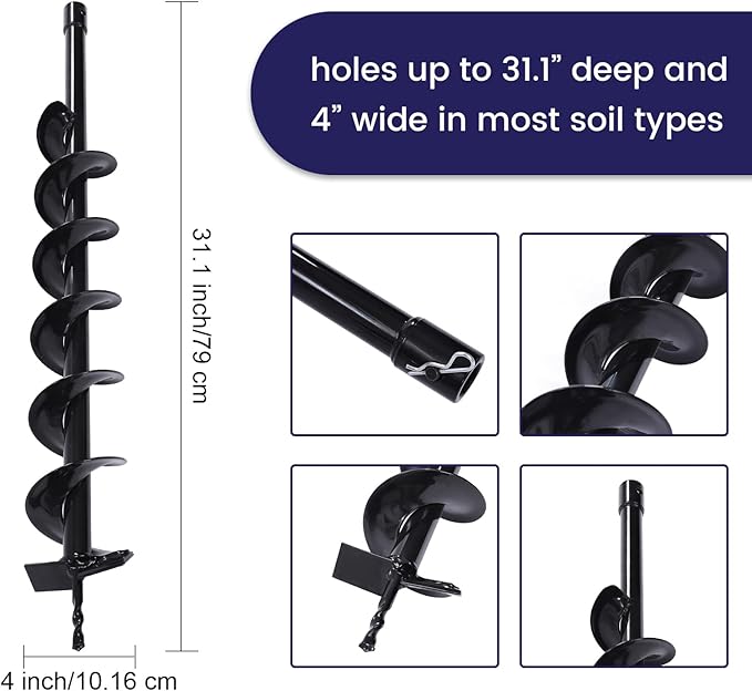 DYRABREST 4 inch Garden Plant Flower Bulb Auger Spiral Hole Drill for Post Holes Replacement Earth Digger Planting Drill (4' Drill Bit)