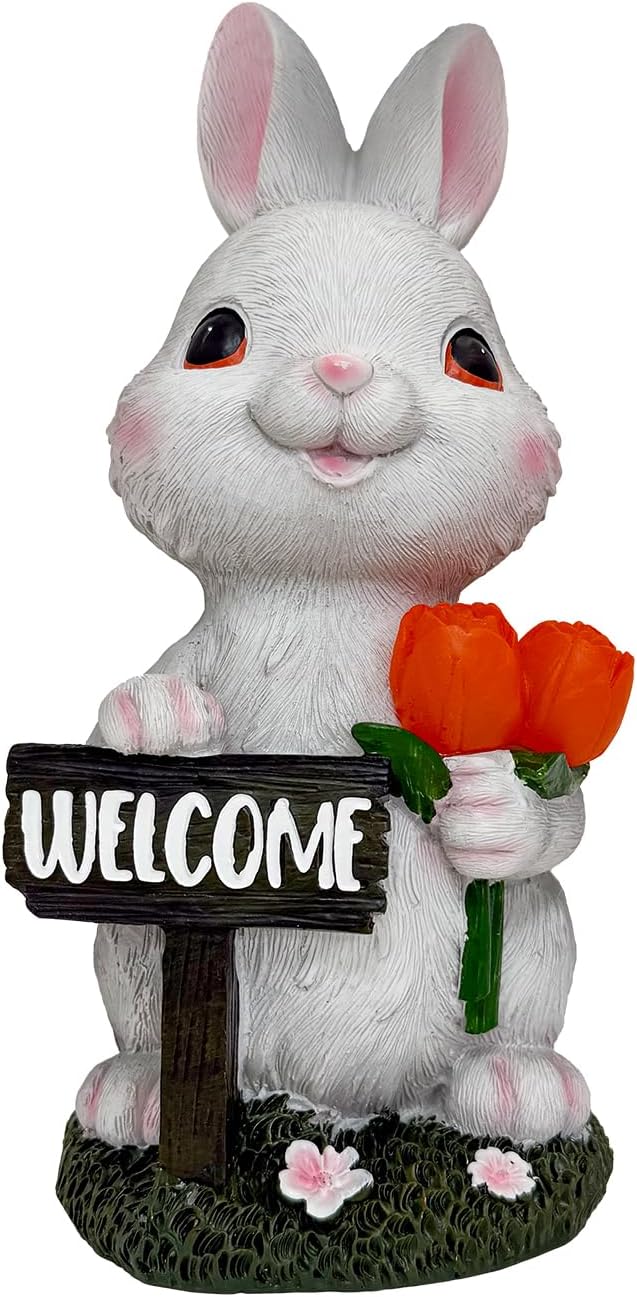 BeePeep Solar Easter Rabbit Garden Statue with LED Lights - Waterproof Resin Bunny Figurine Outdoor Decor for Yard, Patio & Lawn - Unique Hand-Painted Birthday, for Mom & Grandma (9 Inch)