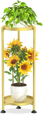 KMOTASUO 2 Tier Plant Stand Indoor for Large Tall Heavy Duty Planter, Multiple Sturdy Metal Flower Corner Rack for Narrow House Floor, Iron Vertical Level Round Orchi Holder Organizer, Gold