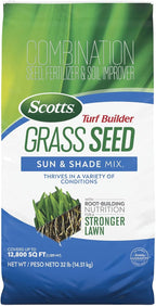 Scotts Turf Builder Grass Seed Sun and Shade Mix - Grass Seed Plus Lawn Fertilizer and Soil Improver, Covers Up To 12,800 sq. ft., 32 lb.