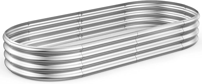 Rakukiri Raised Garden Bed GRS Certified Galvanized Planter Box Outdoor, 6.5ft Oval Rot-Resistant Metal Garden Bed Planter, Recycled Material Planter for Vegetables Flowers Herbs (Silver)