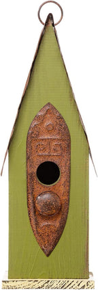 Glitzhome Bird Houses for Outside, 13.25" H Distressed Green Solid Wood Bird House Pet Cottage Hand Painted Hanging Bird House for Outdoors