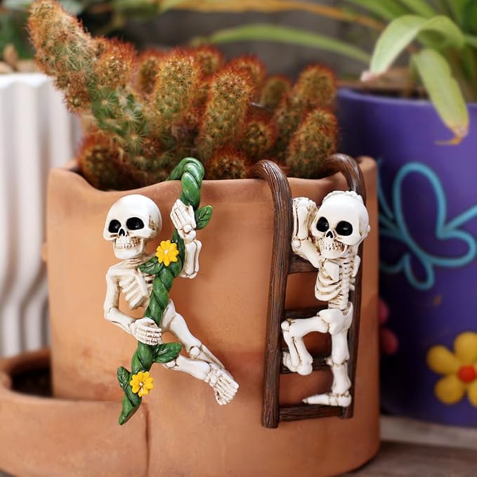 2-piece set Skeleton Pot Huggers for Planters, Climbing Animal Flower Pot Hugger, Hanging Plant Decorations for Pots, Cute Plant Pot Decorations for Home Garden Patio Fence Lawn Yard (Stairs Skeleton)
