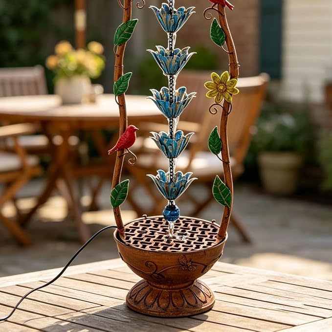 40" Vintage Metal Floor Water Fountain - Soothing Waterfall Outdoor Fountains with 6 Hanging Cups for Garden Patio Backyard Deck Decor, 1108 - Copper Birds & Flower