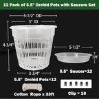 Orchid Pot,12 Pack 5.5Inch Clear Plastic Orchid Pots with Saucers, Orchid Pots with Holes, Orchid Breathable Slotted Pot(12Pcs 5.5in+ Saucers)