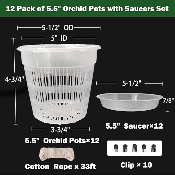Orchid Pot,12 Pack 5.5Inch Clear Plastic Orchid Pots with Saucers, Orchid Pots with Holes, Orchid Breathable Slotted Pot(12Pcs 5.5in+ Saucers)