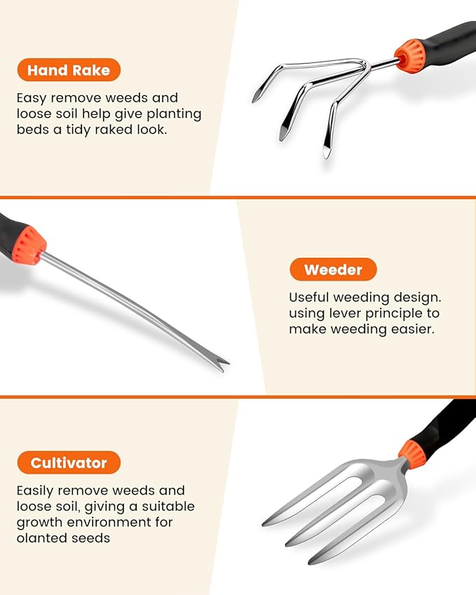 Garden Tool Set - 7 Piece Heavy Duty Stainless Steel Gardening Hand Tools with Floral Tote Bag, Non-Slip Rubber Grip, Gardening Kit Gifts for Women Mom