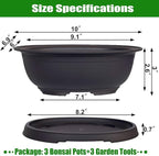 MUZHI 3 Pack Oval Bonsai Pot with Drainage Tray, Matte Finish Plastic Bonsai Growing Planters with Tools for Home Garden Plant Container (9.1" Large)
