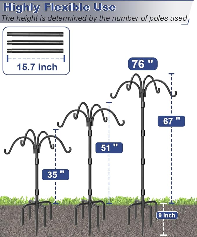 Upgrade 4-Hook Shepherds Hooks for Outdoor with Plastic Tube, 76" Heavy Duty Bird Feeder Pole with 5 Prongs Base, Adjustable Garden Hook for Solar Light, Hanging Plant, Wedding Decor, 1 Pack