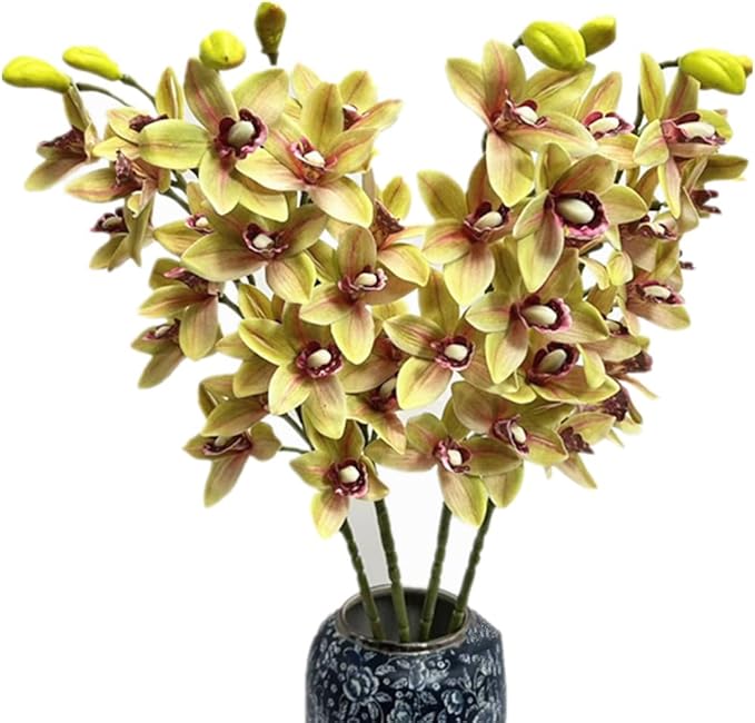 4pcs Artificial Cymbidium Orchid Flower Plant 3D Print Vanda 10 Heads Latex Phalaenopsis Flower (Green Yellow)