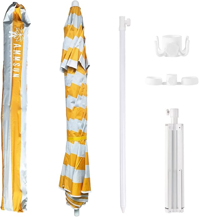 AMMSUN Shade Umbrella, Premium Portable Umbrella with Stand, 6.5ft Lightweight Free Standing Canopy for Sporting Games, Adjustable Instant Sun Protection and Easy to Carry, Stripe Yellow
