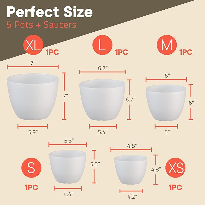 Campior Plastic Plant Pots with Drainage - Home Decor Flower Pot, Stackable Design for Indoor and Outdoor Use, Lightweight and Sturdy, Space-Saving, (7”, 6.6”, 6”, 5.3”, 4.8” Inches), Pack of 5, White