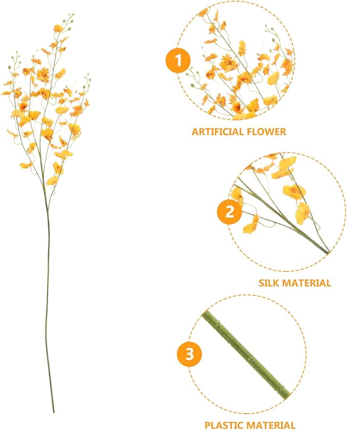 Uonlytech Artificial Oncidium Orchid Fake Flower Stem Orange Silk Simulation DIY Home Vase Decoration for Living Room Table Party Festive Adornment