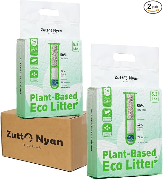 Zutto Nyan 4 in 1 Cassava Cat Litter - Advanced Fast Clumping, Flushable, Low Tracking, 99% Dust Free. Natural Plant Based,Pet Friendly, Great for All Cats, Sensitive Paws, Kittens(5.3 lbs x2 Bag)