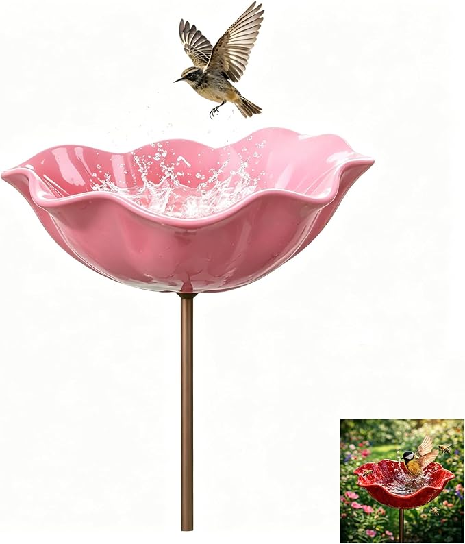 Handmade Metal Flower Garden Stake Bird Bath, Hummingbird Feeder, Bee & Butterfly Puddler, Mini Pollinator Watering Station for Garden Patio Lawn Yard Decor, Pink, 1PCS